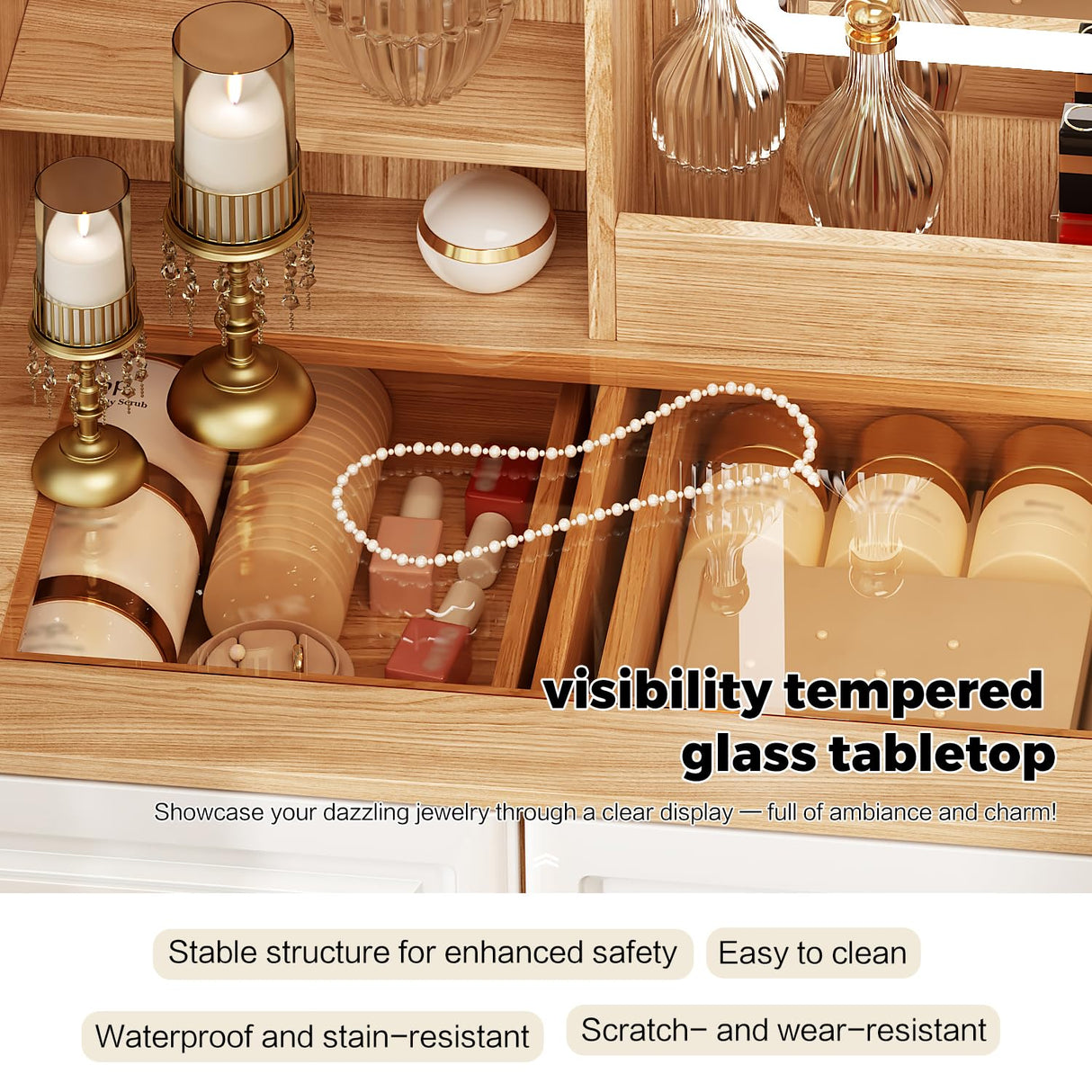 43" Makeup Vanity Desk with Mirror and Lights, & Power Outl, Glass Top Big Vanity Table with 9 Drawers& 8 Storage Shelves, Dressing Table Set with Chair for Bedroom, White+Oak Arulvmrn