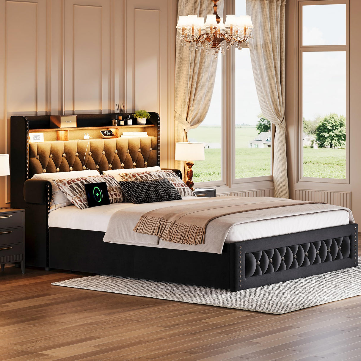 Ailisite Full Size Bed Frame with 4 Storage Drawers,Velvet Upholstered Full Platform Bed with Charging Station and Bookcase Storage Headboard, Led Full Bed Frame, No Box Spring Needed,Black Ailisite