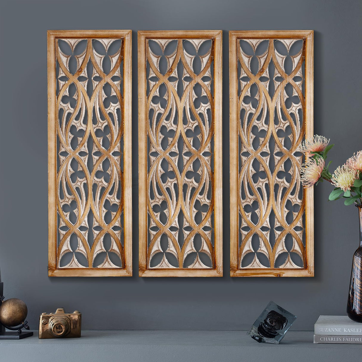 XIAOAIKA Carved Wood, 35.5 inch Hand Carving on Wood, Antique Distressed Wood Panels Decorative Sculpture Hanging Wall Décor, Elegant Wood Wall Art Plaque (3 Panels) XIAOAIKA