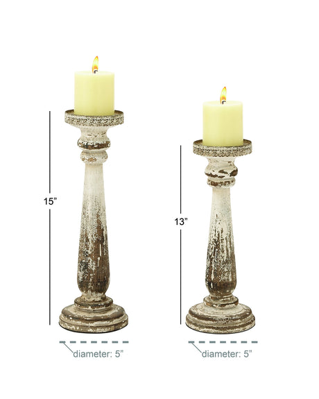 Deco 79 Wood Distressed Pillar Candle Holder, Set of 2 13", 15"H, Brown Deco 79