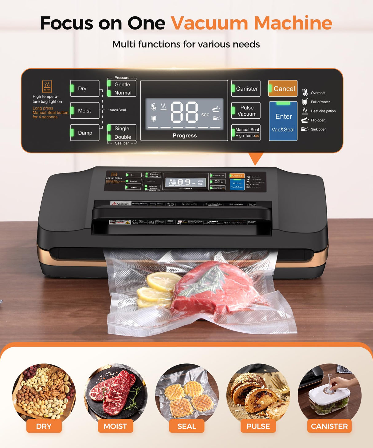 95kpa Vacuum Sealer Machine,Commercial Full Automatic Food Sealer,Powerful Sealing System with Double Heat Seal,Bags Storage, Easy-Lock Handle,Build-in Cutter,1 Bag Rolls and 10 pcs Pre-cut Bags QIQIAOB