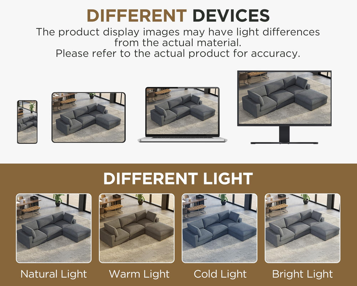 PaPaJet 114 Inch Cloud Modular Sectional Sofa, Oversized Down Filled Sectional Couch with Chaise, Ottoman, 4 Seats L Shaped Sofa for Living Room, Grey Linen Couch PaPaJet