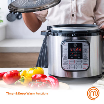 MasterChef Electric Pressure Cooker 10 in 1 Instapot Multicooker 6 Qt, Slow Cooker, Vegetable Steamer, Rice Maker, Digital Programmable Insta Pot with 18 Cooking Presets, Stainless Steel, Non Stick