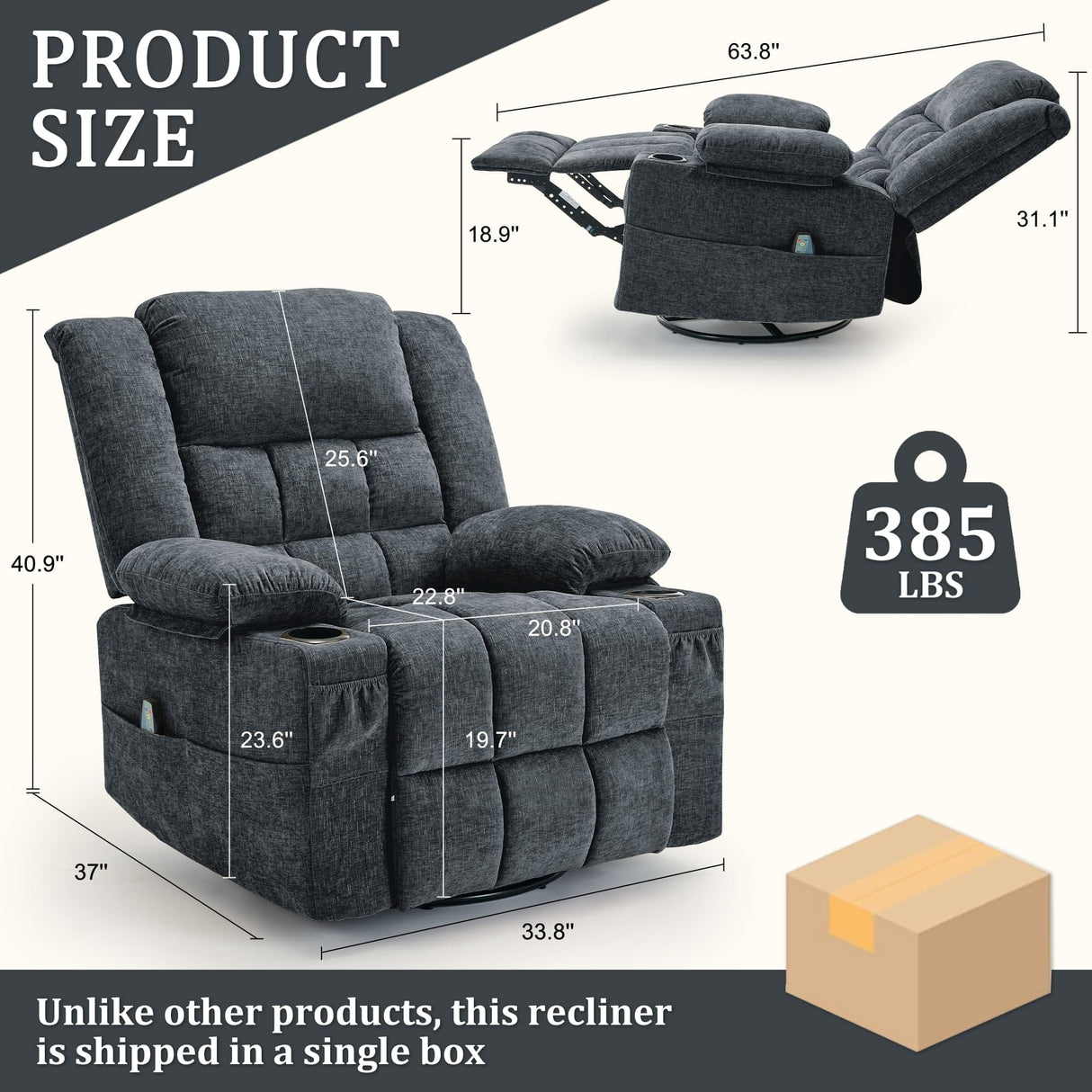 Korser 360° Swivel Rocker Recliner for Adults, Nursery Glider Recliner with Massage and Heating, Rocking Chair with Cup Holder, Manual Recliner Chair for Living Room, Bedroom (Fabric, Dark Gray) Korser