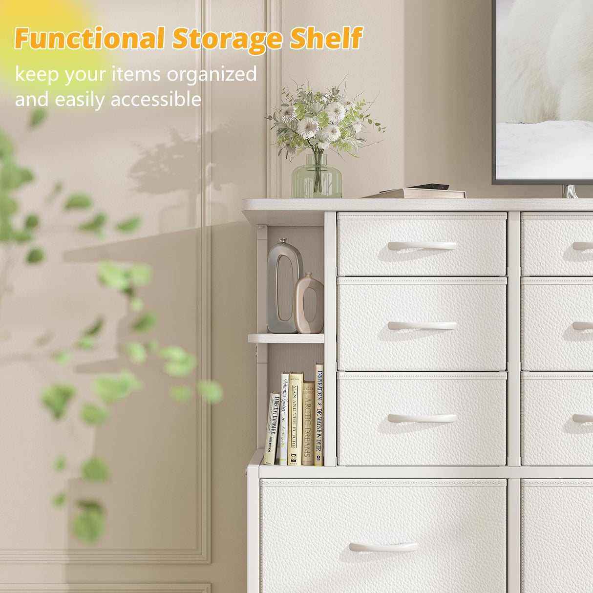 EnHomee Dresser for Bedroom with LED Lights, 12 Drawers Bedroom Dresser, Black Dresser and Tall Dresser with Open Shelves, Fabric Dressers & Chests of Drawers with Sturdy Metal Frame, White EnHomee