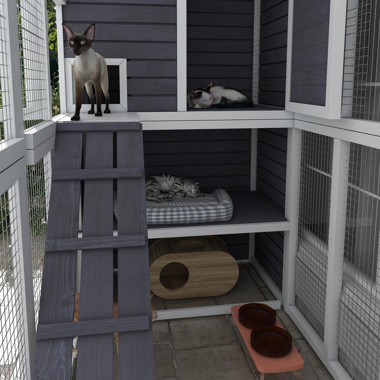 PawHut Outdoor Catio, Cat House Wooden Feral Cat Shelter, Cat Cage with Platforms, Waterproof Asphalt Roof, Ramps, 77" L, Light Gray PawHut