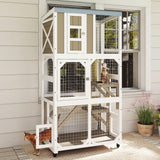 Ketive 64" Large Wooden Catio Outdoor Cat Enclosure, Window Cat House with Wheels & 3 Platforms, Kitty Cage with Weatherproof Roof for Multiple Cats (Gray) ketive