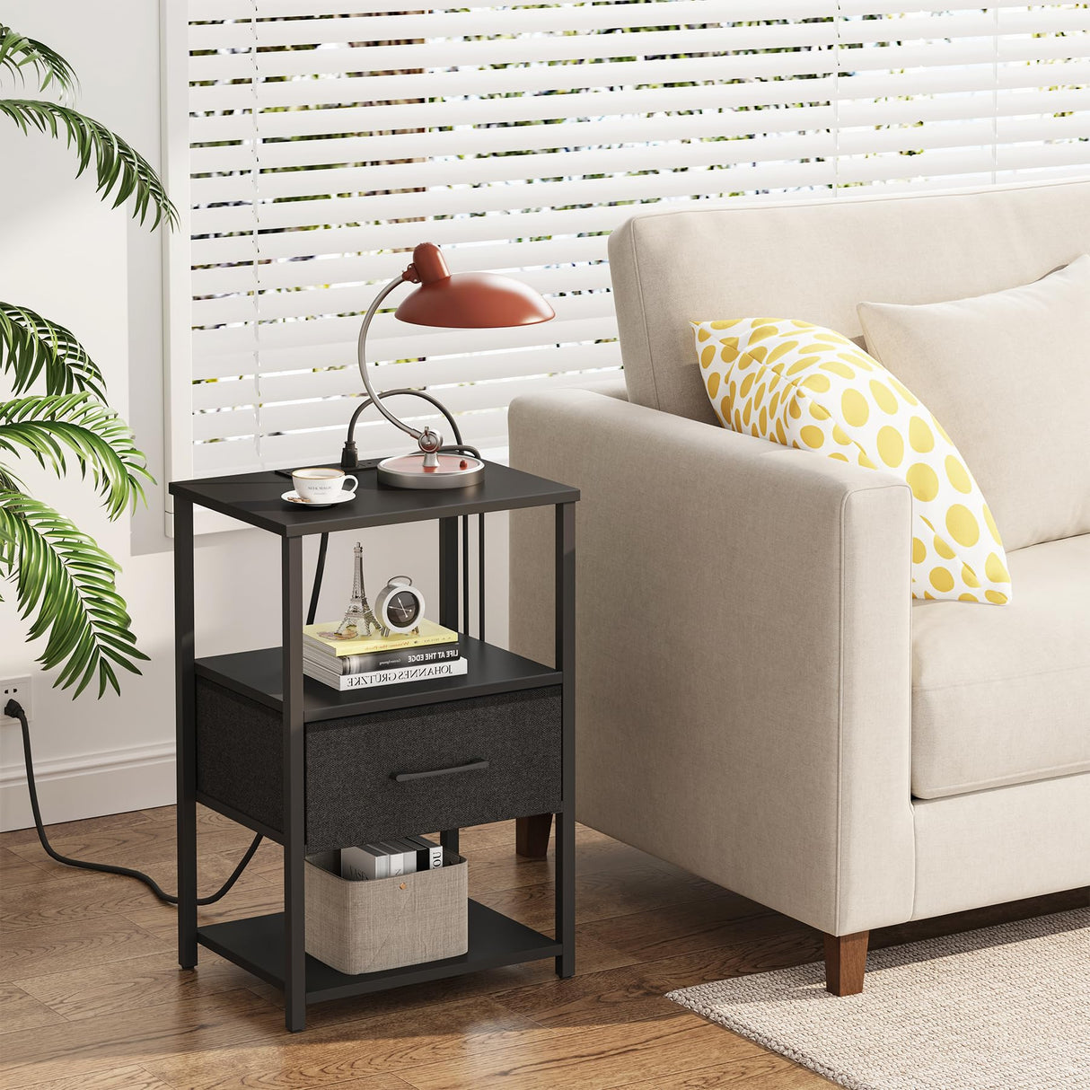 TUTOTAK End Table, Side Table with Charging Station, Nightstand Set of 2, Bedside Table with Fabric Drawer, Couch Table for Livingroom and Bedroom, Black TB01BK0692 TUTOTAK