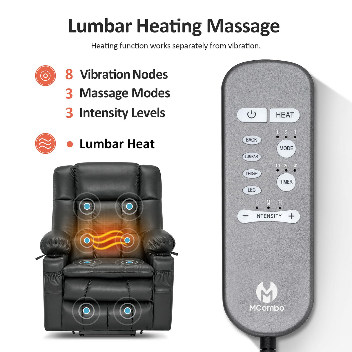 MCombo Dual Motor Power Lift Recliner Chair for Elderly, Lay Flat Lift Chair with Heat and Massage, Cup Holders, USB Ports, Faux Leather 7890 (Grey, Medium) MCombo