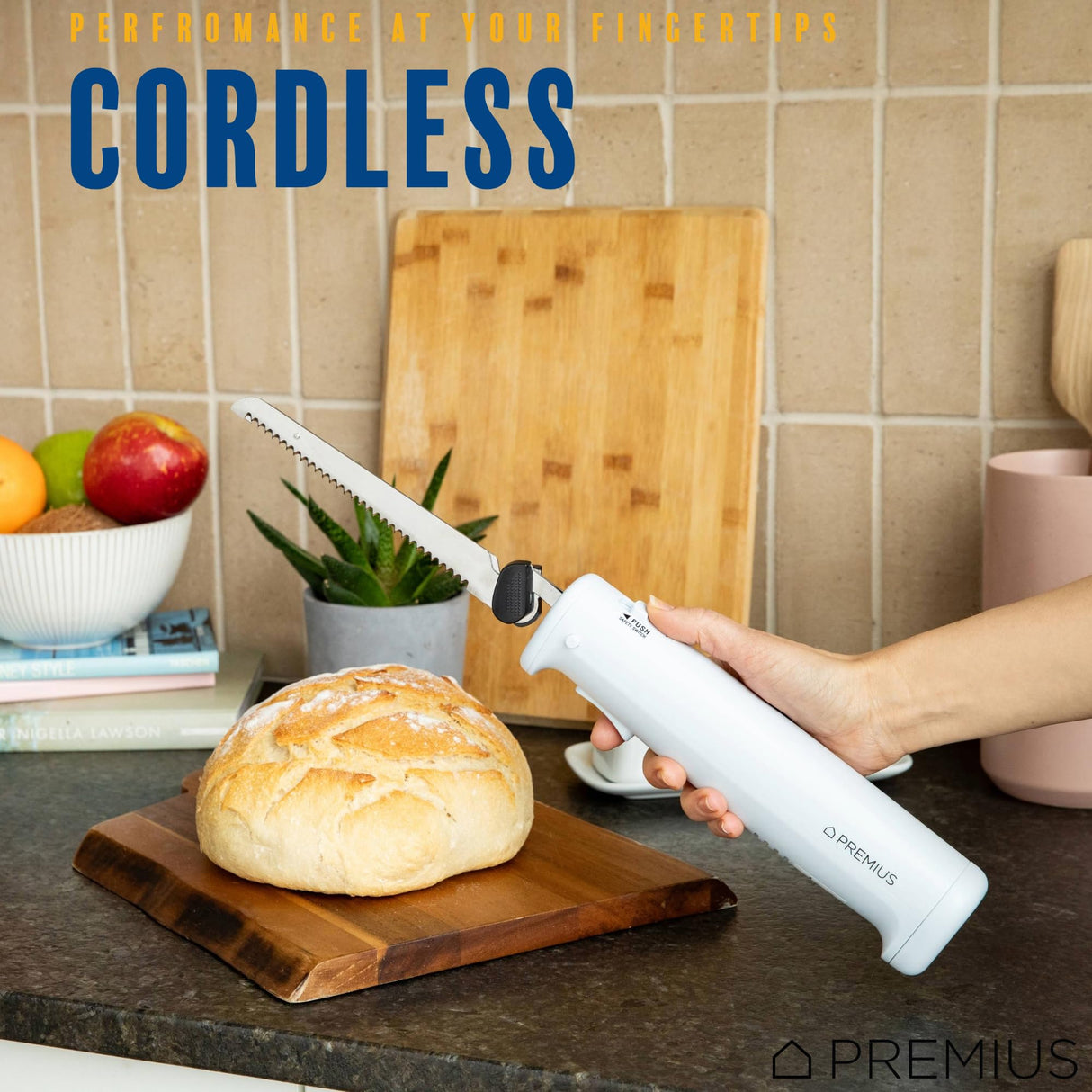 Professional Cordless Rechargeable Easy-Slice Electric Knife, Reciprocating Serrated Stainless-Steel Blades, Safety-Lock Trigger Release, Carving Meats, Turkey, Breads, Fruit, Crafting Foam, White PREMIUS