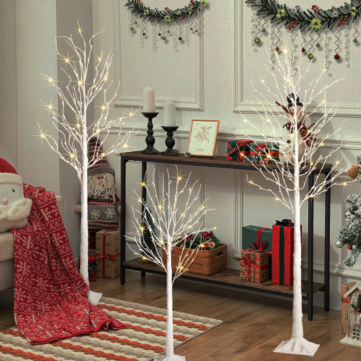 LightsUp Birch Tree with LED Lights 4+6+8FT, 3PK Artificial Christmas Tree Prelit with 8 Lighting Modes and Timer, Lit Twinkling Twig Tree Warm White for Xmas Home Outdoor Indoor Decoration LightsUp