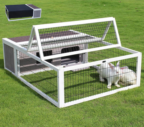 Tortoise House Habitat Wooden with Waterproof Cover, Chicken Coop with Run Rabbit Hutch Small Animal Hutch Enclosure Indoor/Outdoor-Grey + White Trim Rockever