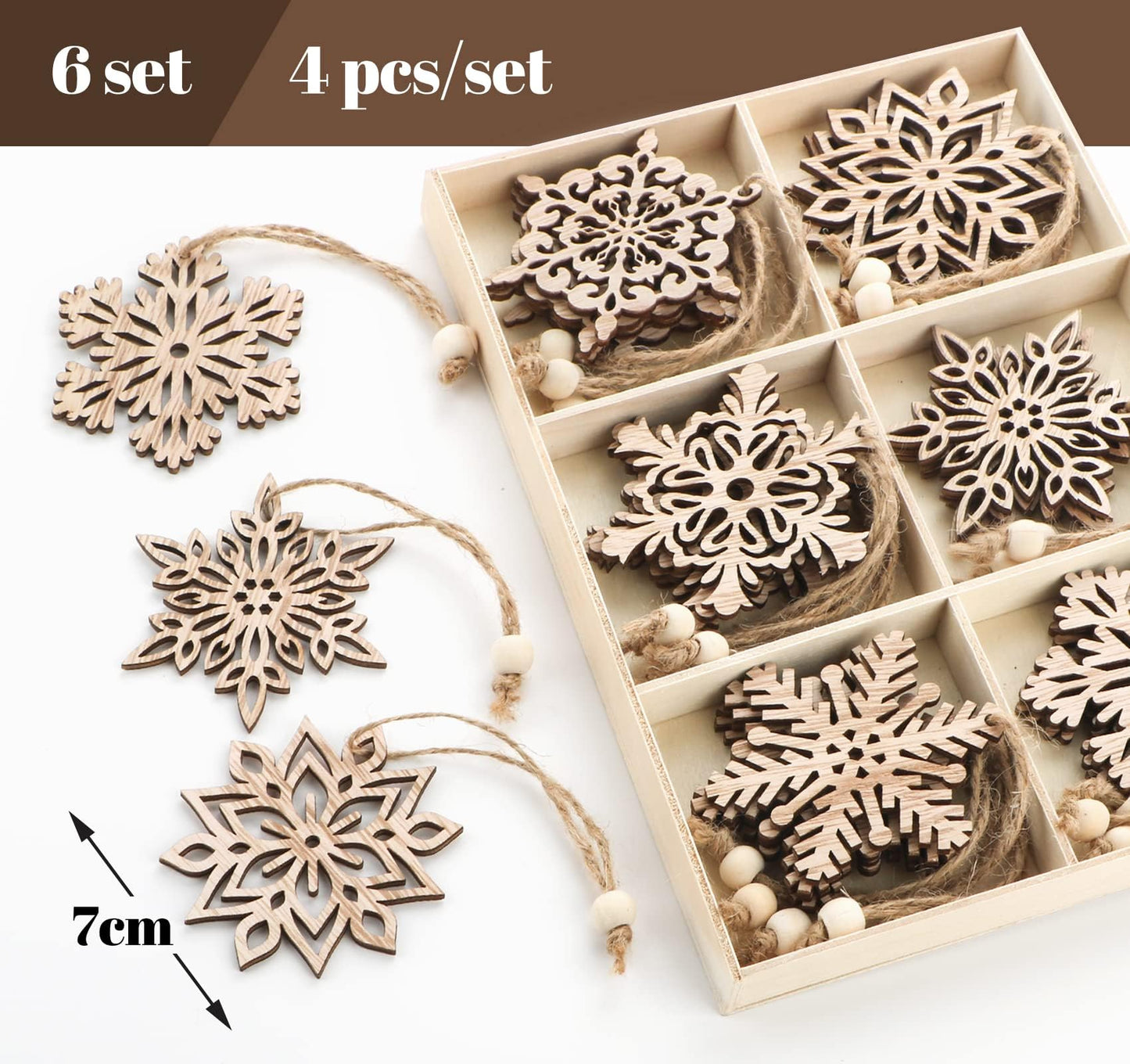 Binswloo 24pcs Wooden Snowflakes Ornaments, Unfinished Wood Cutouts Christmas Tree Hanging Ornaments for Crafts, Rustic Xmas Decorations