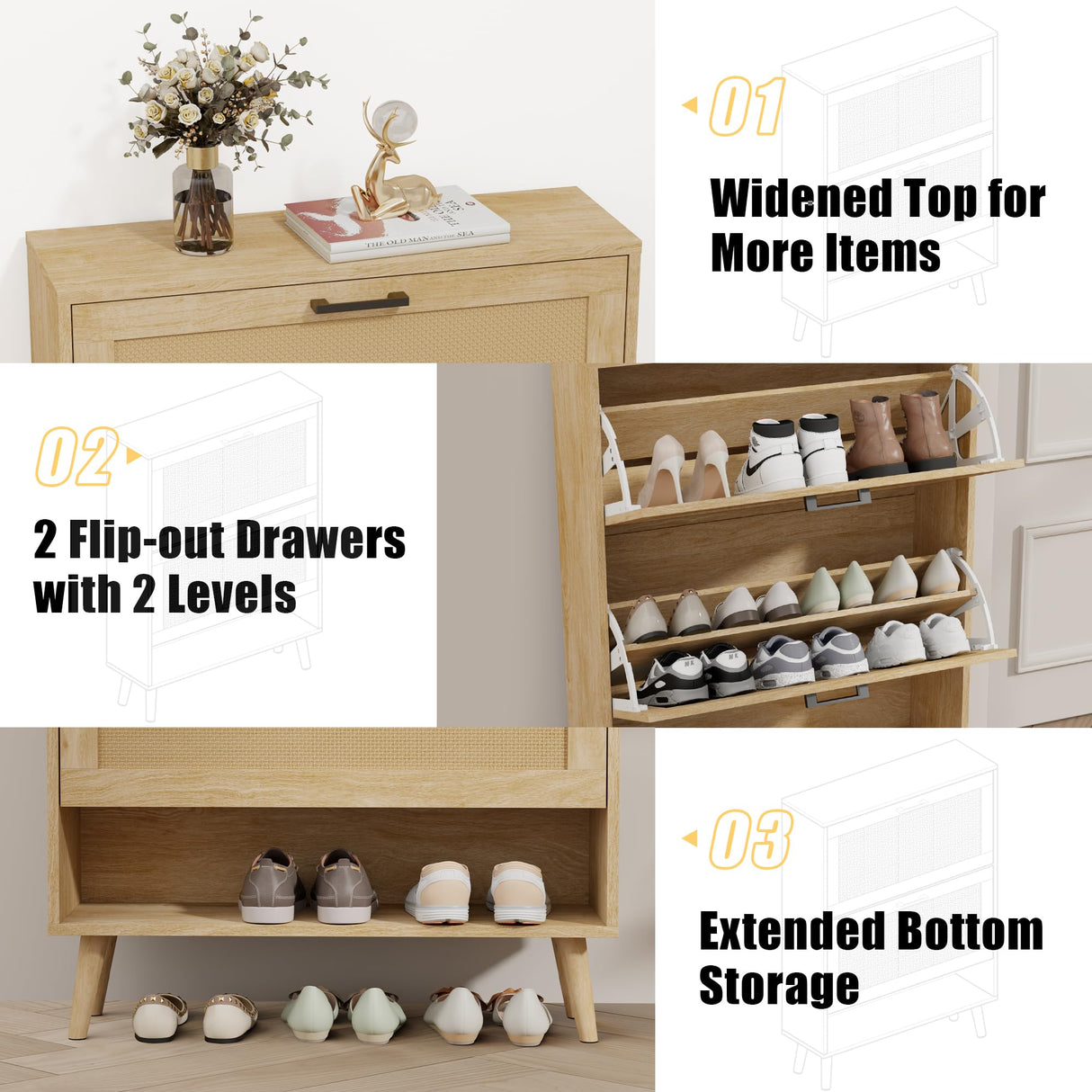 Gadroad Shoe Storage Cabinet with 2 Flip Drawers, Freestanding Hidden Shoe Organizer with Wood Legs, Farmhouse Narrow Shoe Rack for Entryway, Living Room, and Bedroom (Natural) Gadroad