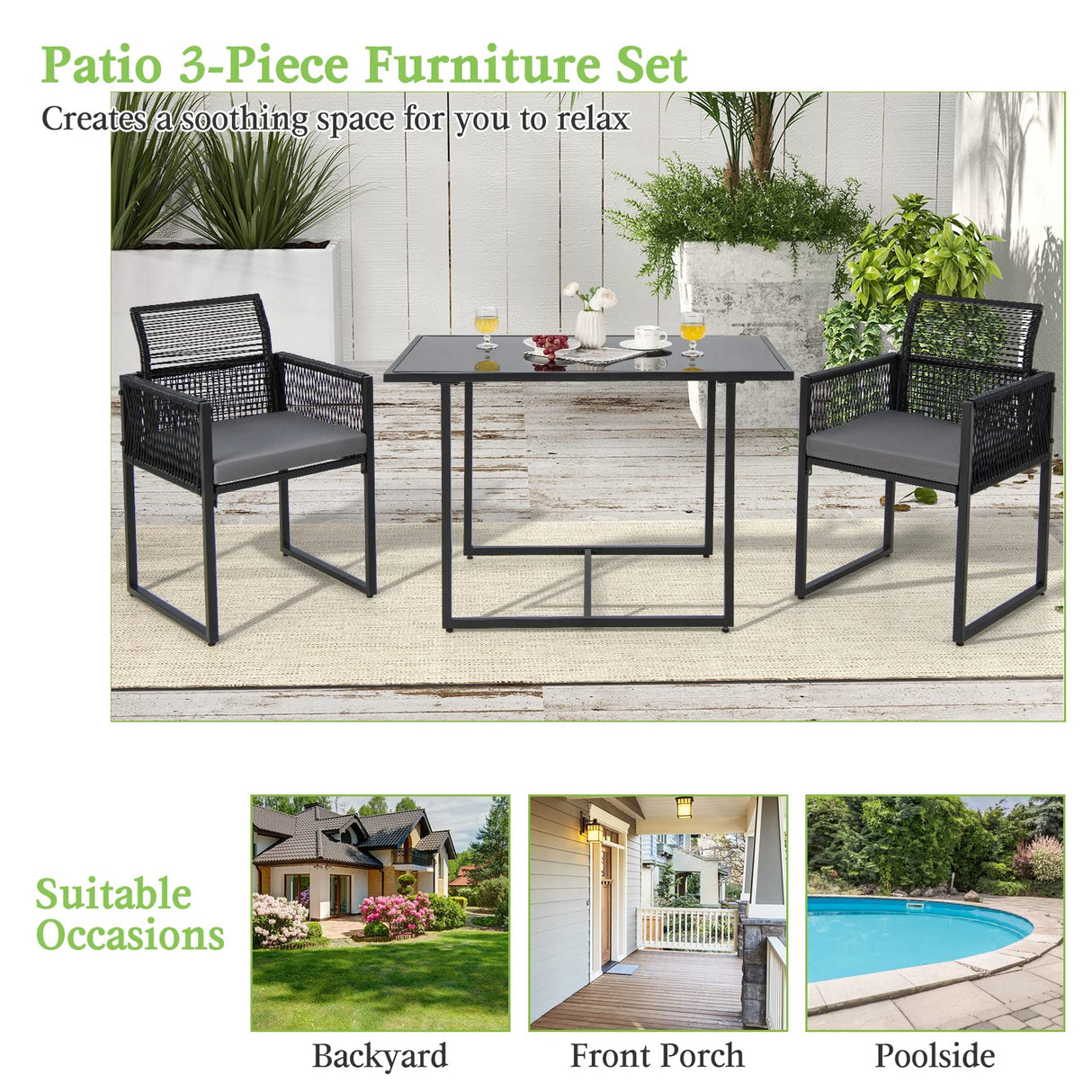 Tangkula 3 Pieces Outdoor Dining Set, Patio PE Rattan Furniture Set with Folding Backrest, Cozy Seat Cushions, Tempered Glass Tabletop, Space-Saving Rattan Chair Table Set for Backyard, Poolside Tangkula