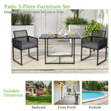 Tangkula 3 Pieces Outdoor Dining Set, Patio PE Rattan Furniture Set with Folding Backrest, Cozy Seat Cushions, Tempered Glass Tabletop, Space-Saving Rattan Chair Table Set for Backyard, Poolside Tangkula