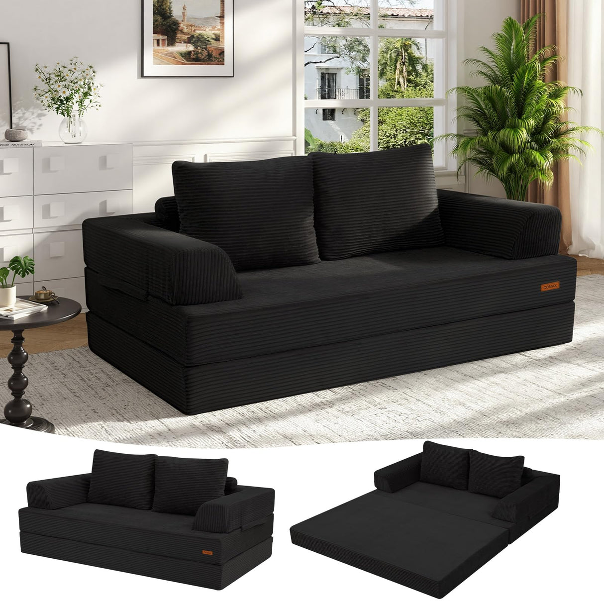 COMAX Convertible Sofa Bed, Folding Floor Couch Corduroy Fold Out Couch Bed Futon Sleeper Mattress with Pillows, Boneless Sofa Comfy Lounge Loveseat for Living Room Bedroom, Black COMAX
