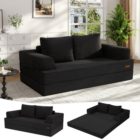 COMAX Convertible Sofa Bed, Folding Floor Couch Corduroy Fold Out Couch Bed Futon Sleeper Mattress with Pillows, Boneless Sofa Comfy Lounge Loveseat for Living Room Bedroom, Black COMAX