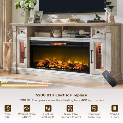 OKD Fireplace TV Stand for 80 Inch TV - Farmhouse Entertainment Center with 42" Electric Fireplace & LED Lights, Wood Media Console with Storage Drawers & Cabinets for Living Room, Antique Brush White