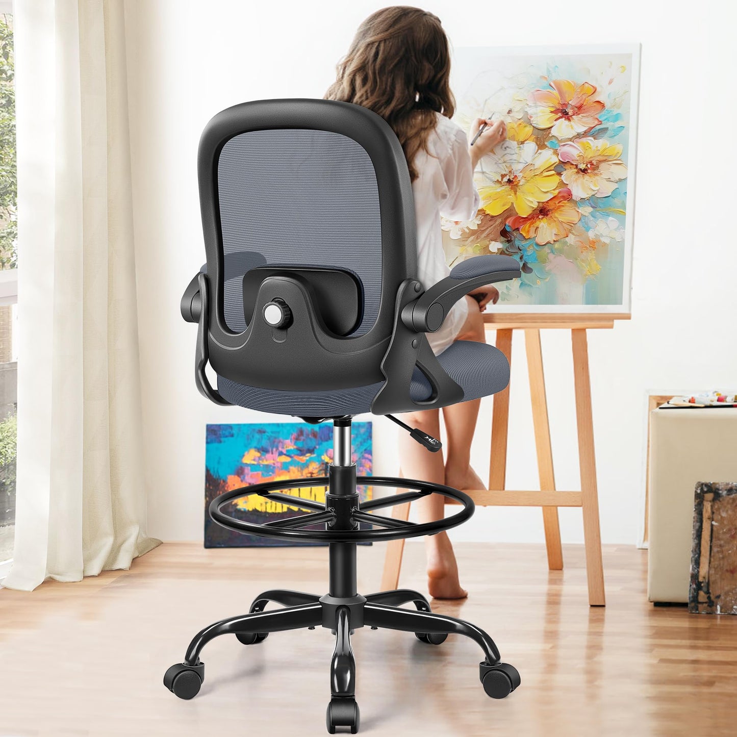 AtHope Drafting Chair, Tall Office Chair Ergonomic Standing Desk Chair,with Adjustable Footrest Ring, 3D Lumbar Support, Flip-up Armrests, Swivel Desk Stool for Drawing Working (Dark Gray) - WoodArtSupply