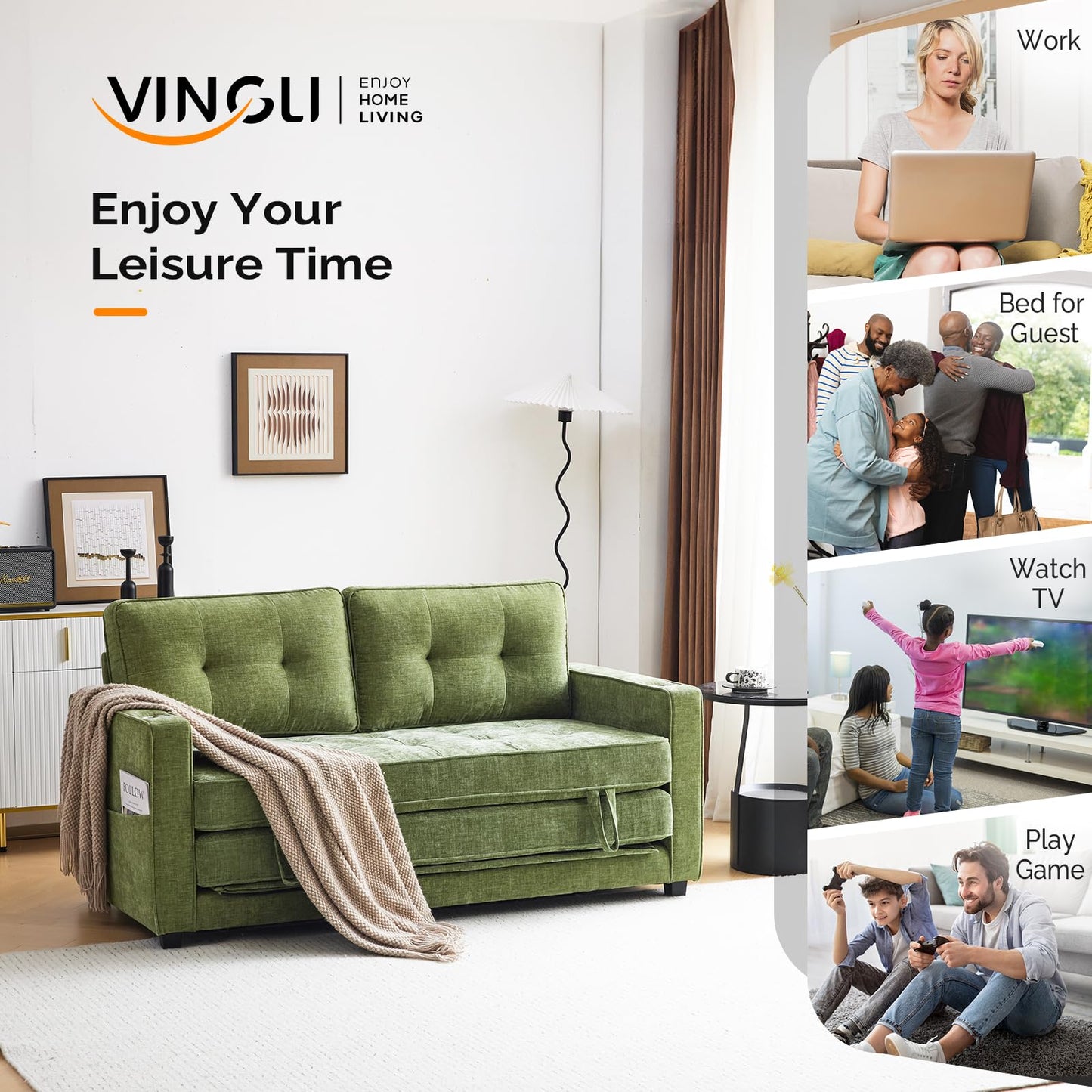 VINGLI Sofa Bed Full Size Pull Out Couch Bed Olive Green Futon Couch 64" W 84" L Loveseat Sleeper Floor Couches for Living Room Convertible Loveseat Sofa Foldable Sofa Bed - WoodArtSupply