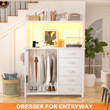 Cyclysio Dresser for Bedroom with Hutch & Clothes Rack, 70'' Tall 5 Drawers Dresser with Shelves, Dressers Closet with Charging Station & LED Lights, Bedroom, White Cyclysio
