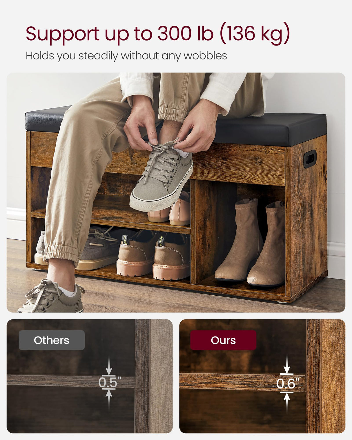 VASAGLE CUSTOS Collection - Storage Bench with Cushion, Shoe Bench, Padded Seat, Hidden Storage, Entryway, Hold up to 300 lb, 11.8 x 31.5 x 17.3 Inches, Rustic Brown and Ink Black ULHS30BX VASAGLE