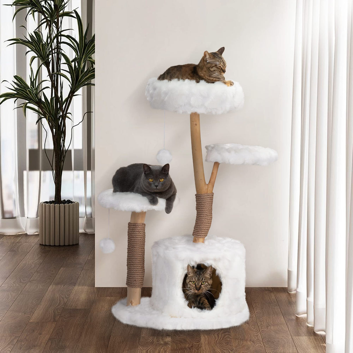 COZIVVOVV Modern Cat Tree, Natural Branch Cat Tower with Condo and Climbing Perches, Kitten Scratching Tree, Cat Furniture Gift, White COZIVVOVV
