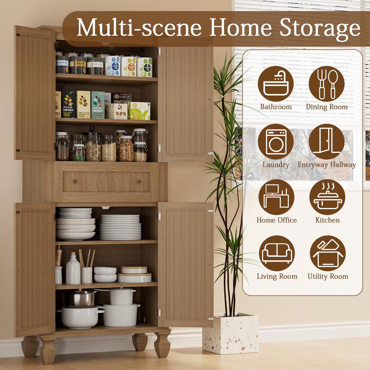 Yeyawomy 72 inch Kitchen Pantry Storage Cabinet, Freestanding Pantry Cabinet, Tall Cabinets with Doors and Shelves,Freestanding Cupboard with Adjustable Shelves for Dining Room， Natural Yeyawomy