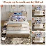 Hasuit Farmhouse Bed Frame California King Size with Storage Bookcase Headboard, Wooden Cal King Bed with LED Lights, Charging Station, 2 Drawers, Country Rustic Bed Frame with Sliding Barn Door Hasuit