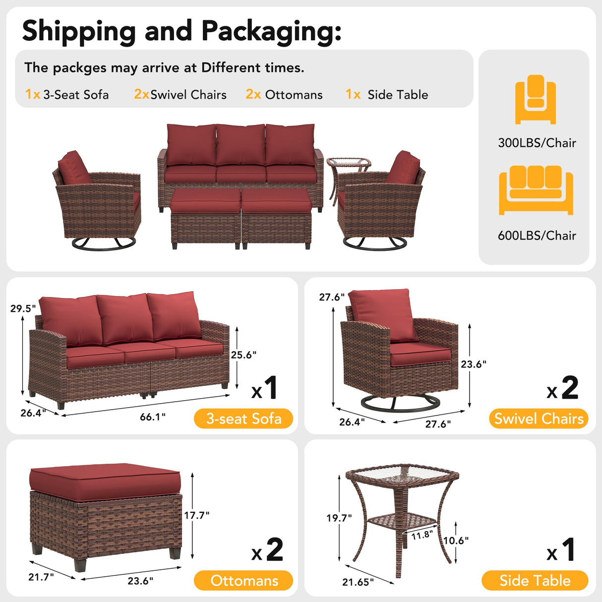 VONZOY Patio Furniture Sets, 6 Pieces Patio Outdoor Sectional Furniture, Wicker Rattan Conversation Sofa with Rocking Chair, Ottomans, Side Table, Wine Red Cushion VONZOY