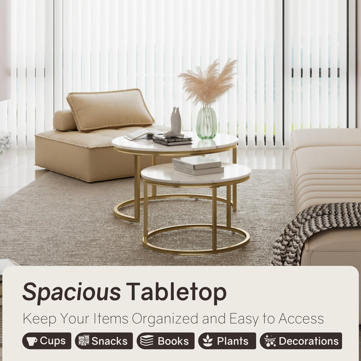 Otterease Nesting Tables Set of 2, 31.5" Round Coffee Table, Small Nesting Coffee Table with Adjustable Non-Slip Fee, White Marble Top Stack Nesting Tables Set of 2 for Living Room, Bedroom (White) Otterease