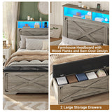 Hasuit Queen Size Bed Frame with Storage Ottoman, Farmhouse Bed Frame with Charging Station and Led Light, Headboard with Storage Rack, Metal Slats, No Noise Design, No Box Spring Needed,Oak Grey Hasuit