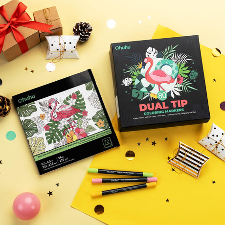 Ohuhu Markers Brush Tip 80-Colors with 72-Sheet Coloring Book - Double Tipped Markers for Adults Coloring Books - Art Marker Set Bundles with 100% Bleed-Proof Coloring Pages - Fine & Brush Dual Tips Ohuhu