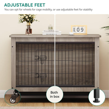 YITAHOME Dog Kennel Furniture with Wheels, Wooden Dog Crate Furniture with Cushion, Dog Crate End Table with Tray, 38" Dog Cage with Double Doors for Small/Medium Dog (Gray)