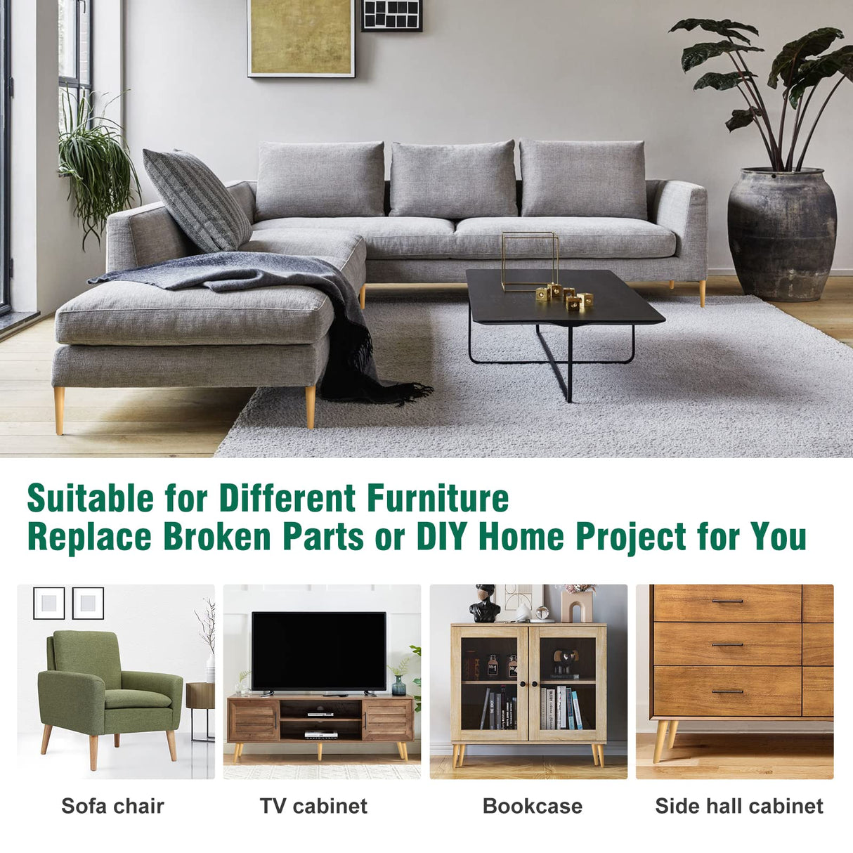 FoDau770 Rubber Wood Furniture Legs 10 Inches, Straight Tapered Wood Legs Mid Century Sofa Legs Set of 4, 5/16" UNC Furniture Feet Replacement Legs for Cabinet Sofa Couch Dresser Chair Ottoman Table FoDau770