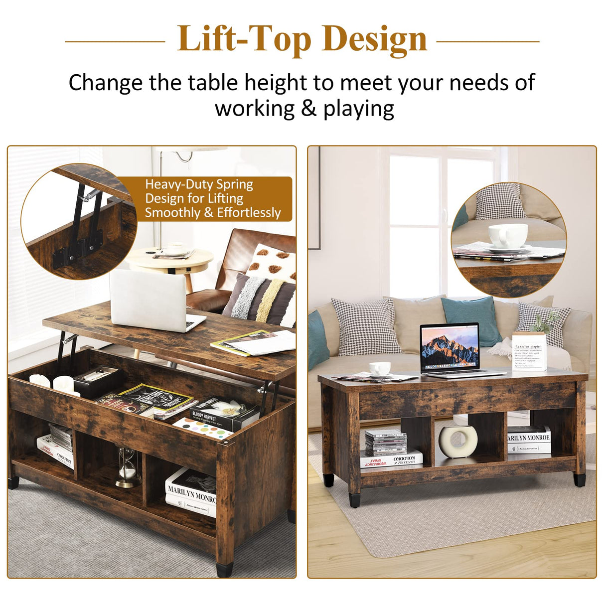 Tangkula Wood Lift Top Modern Coffee Table w/Hidden Compartment and Open Storage Shelf for Living Room Office Reception Room(Rustic Brown) Tangkula