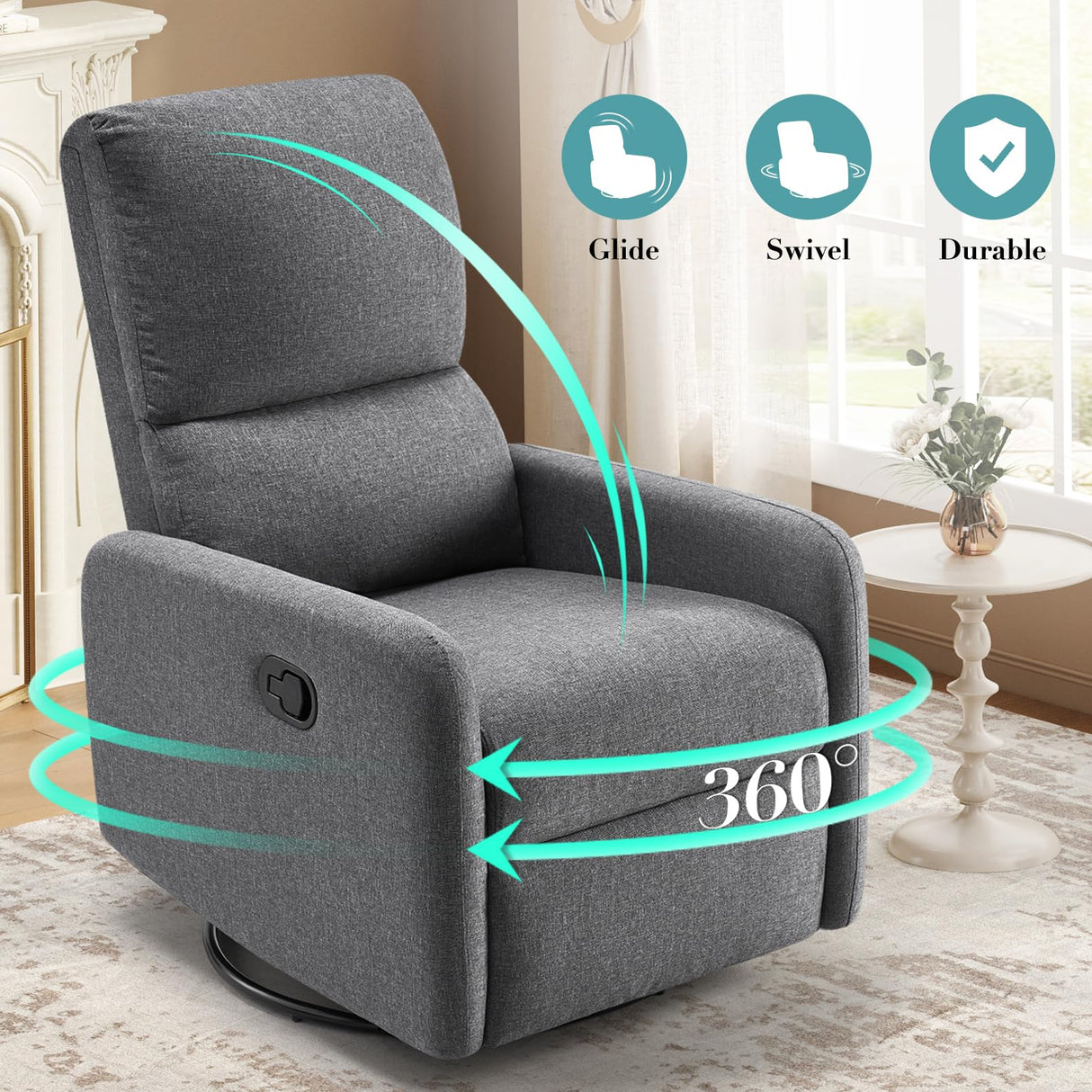 Jocisland Swivel Glider Rocking Recliner Chair for Adults, Nursery Rocker Reclining, Comfy Upholstered Single Sofa Armchair for Living Room Bedroom Nursing, Linen Gray Jocisland