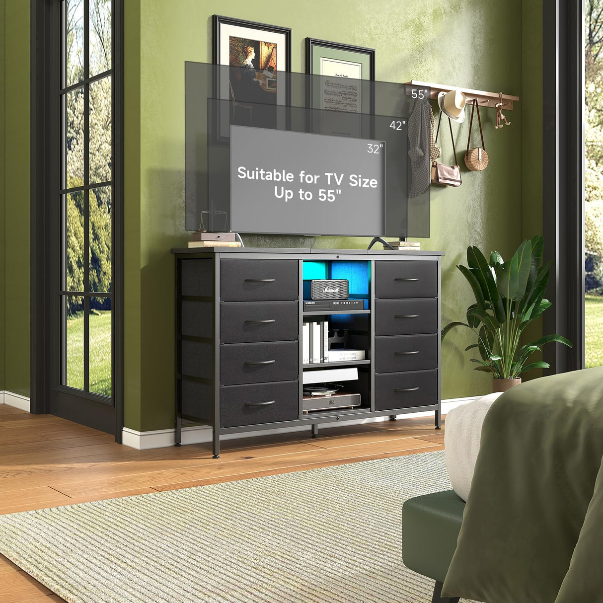 COTUBLR Fits 55" TV Stand Dresser for 50 55 60 Inch TV Dresser TV Stand with Power Outlets & LED Lights & 8 Drawers Dresser with PU Finish, 47 Inches TV Console with Open Shelves, for Bedroom COTUBLR