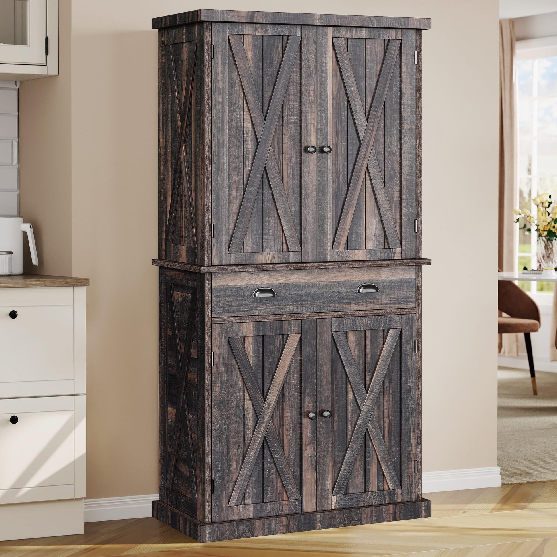 YITAHOME 72'' Farmhouse Kitchen Pantry, Wood Kitchen Storage Cabinets with Drawer and Adjustable Shelves, Kitchen Versatile Storage for Kitchen, Dining Room, Living Room, Dark Rustic Oak - WoodArtSupply