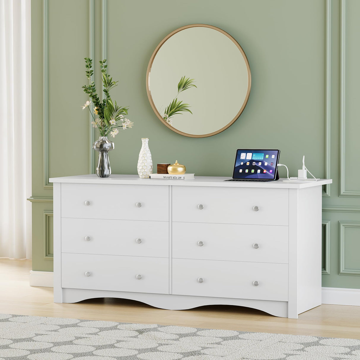 Furmax Dresser for Bedroom with Power Outlet, 6 Wood Dresser, Chest of Drawers, for TV up to 65 inch, TV Stand Storage Chest of Drawers for Hallway Entryway (White) Furmax