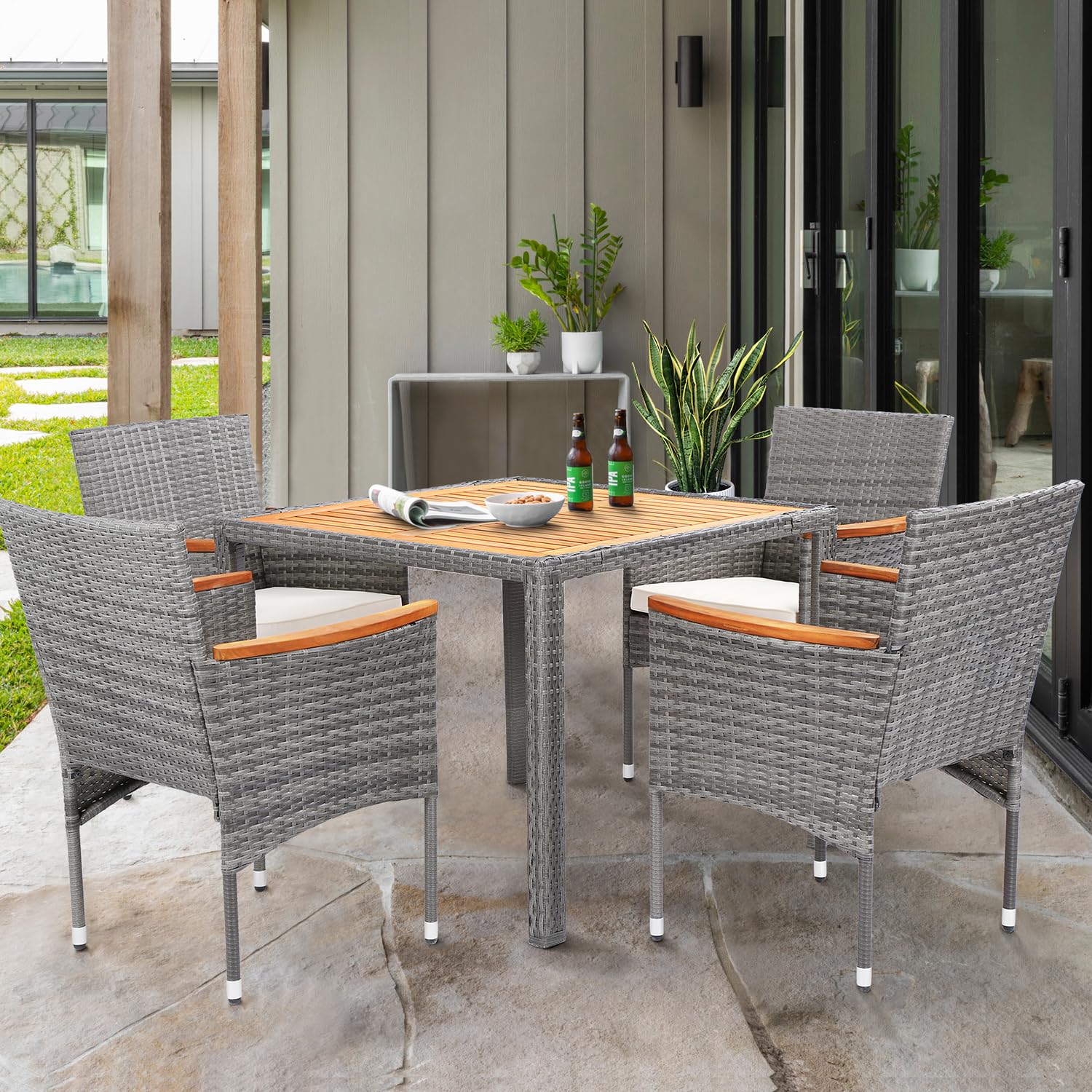 ARTBUSKE 5 Pieces Patio Dining Sets for 4 Outdoor Patio Furniture Sets with Acacia Wood Table Top Wicker Outdoor Furniture Set for Patio, Yard,Deck,Gazebo,Grey - WoodArtSupply