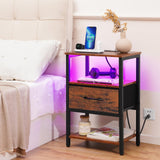 Yoobure Side Table with Storage, LED Night Stand with Charging Station, End Tables Living Room, Nightstand for Bedroom with Adjustable Fabric Drawer, 3-Tier Wood Bedside Table, Berry Brown Yoobure