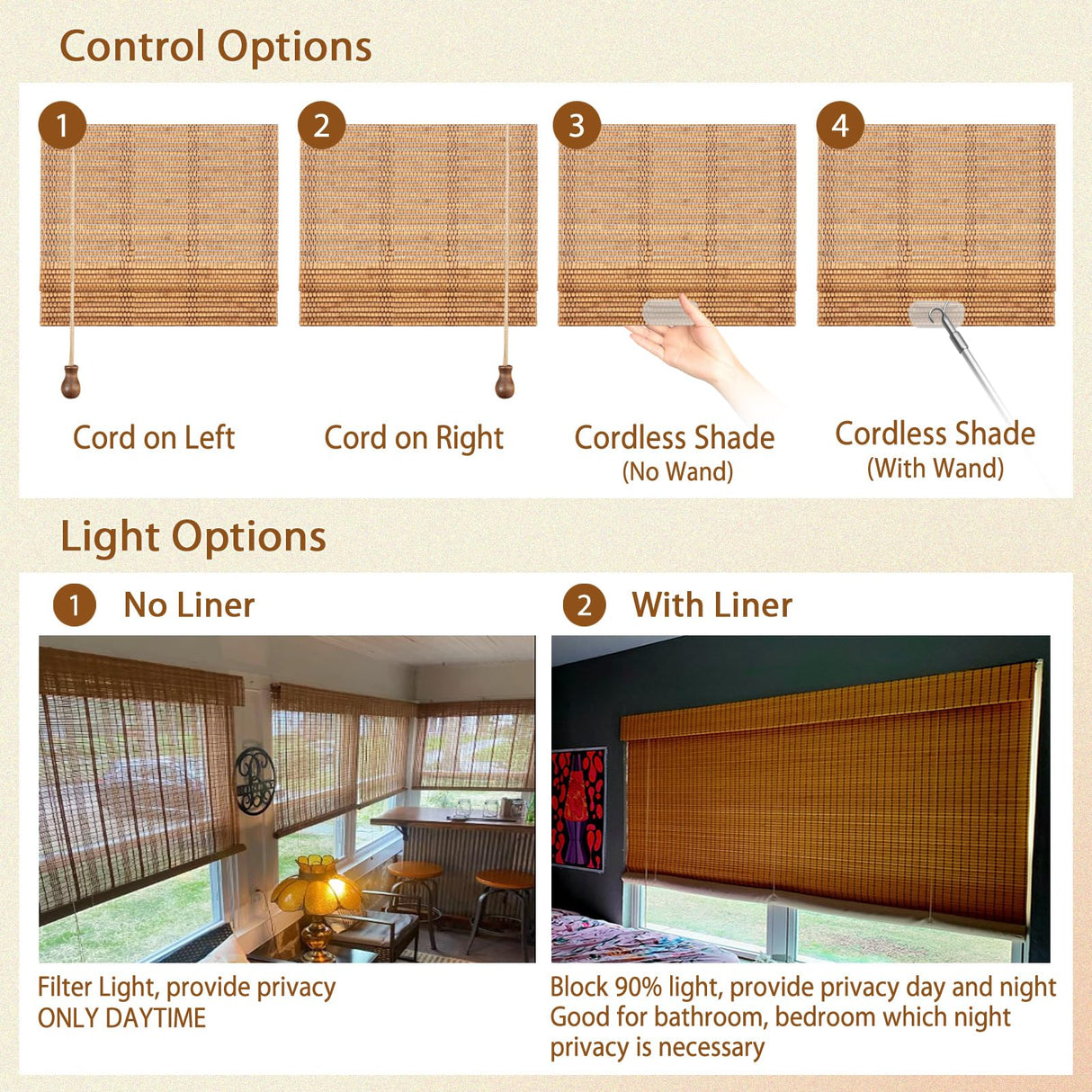 CHEFRU Cordless Bamboo Window Roman Shades, Almond, Indoor/Outdoor Privacy Cordless Wood Window Shades Blinds CHEFRU