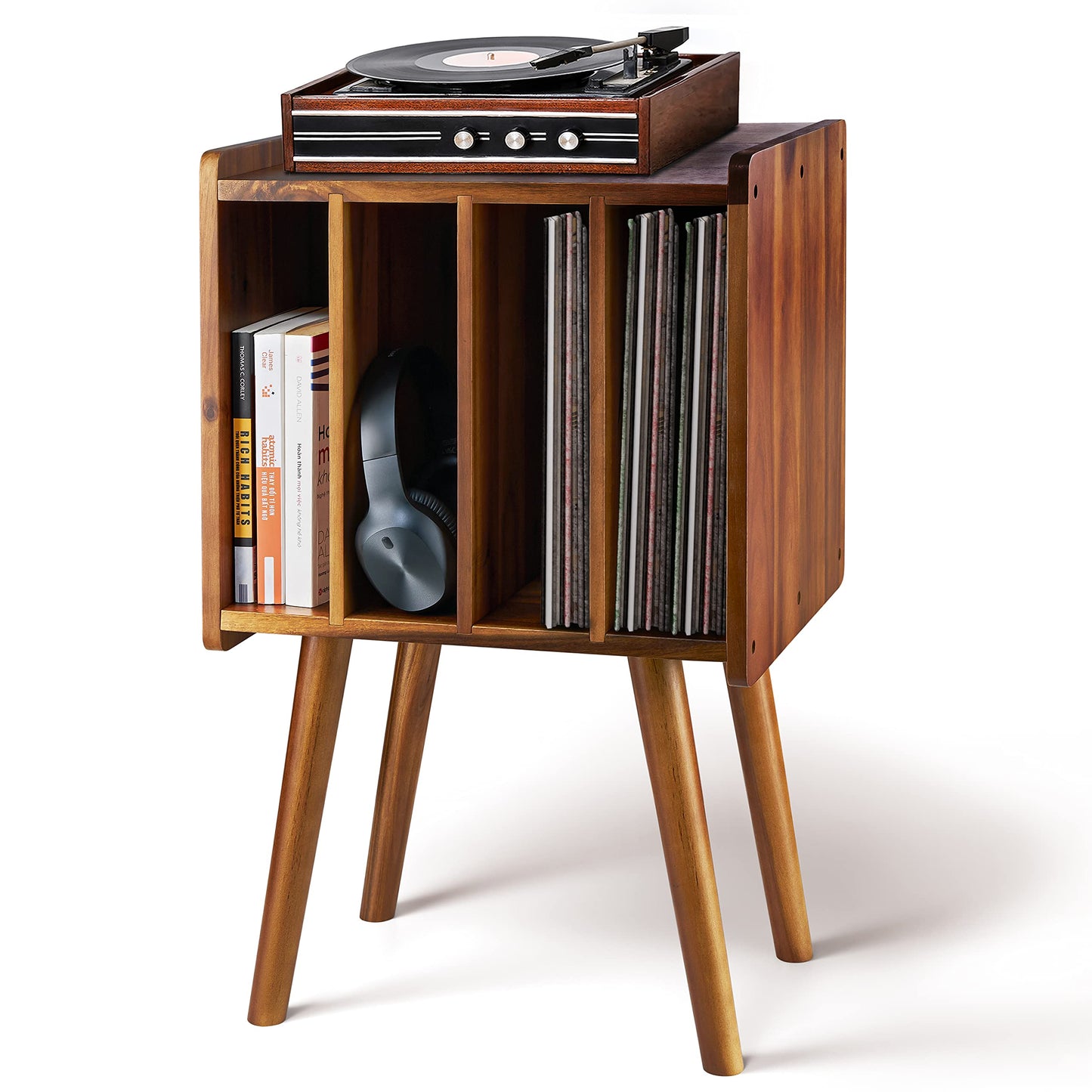 2BHOME Wooden LP Record Player Stand with 4 Cabinets, Holds up to 100 Vinyls, Metal Record Storage Holder and Organizer Table, Classical Design for Files/Book (Mid-Century Modern) - WoodArtSupply