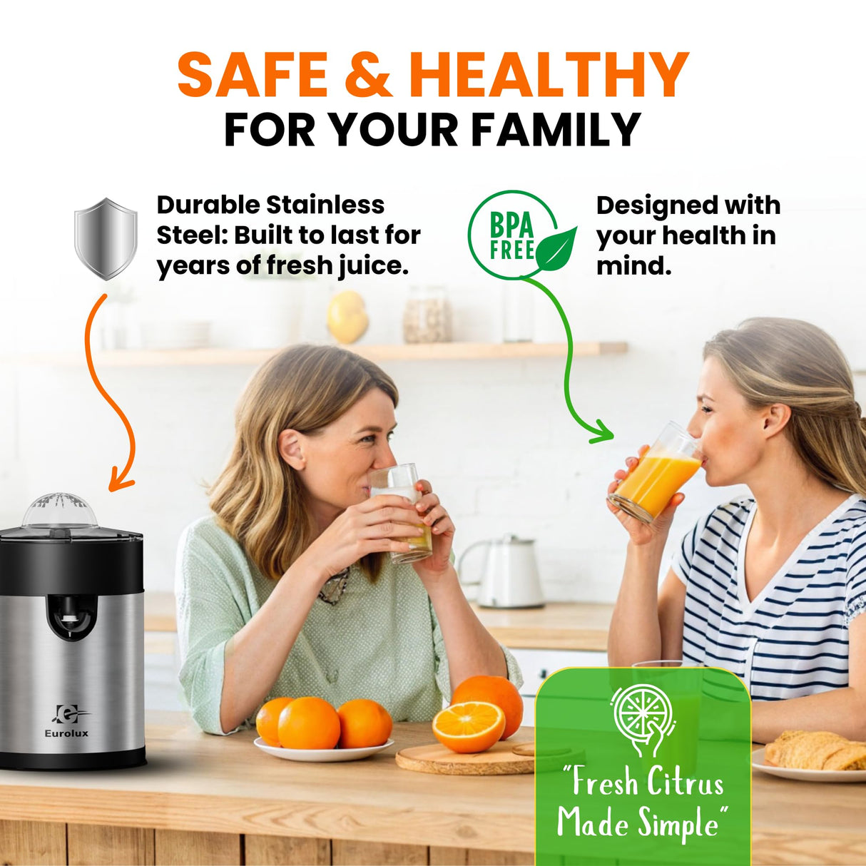 Eurolux Electric Orange Juicer, Sleek Effortless Citrus Juice Squeezer for Lemon, Lime, Grapefruit | Powerful Motor, Easy to Clean, Removable Dishwasher-Safe Parts Eurolux