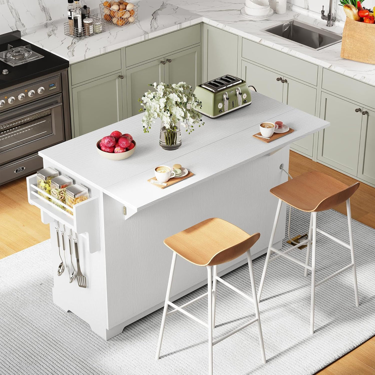 DWVO Kitchen Island with Drop Leaf, 59" Large Mobile Storage Islands with Power Outlet, Double Pull-Out Trash Can Cabinets Fits 10-Gal Garbage Bin, Rolling Kitchen Cart with Spice & Towel Rack, White DWVO