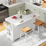 DWVO Kitchen Island with Drop Leaf, 59" Large Mobile Storage Islands with Power Outlet, Double Pull-Out Trash Can Cabinets Fits 10-Gal Garbage Bin, Rolling Kitchen Cart with Spice & Towel Rack, White DWVO