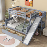 Bellemave Bunk beds Twin Over Full Size Slide and Stair, bunk Bed with Storage, Twin Over Full bunk beds for Kids, Floor bunk Bed, Low bunk Bed for Kids，Grey Bellemave