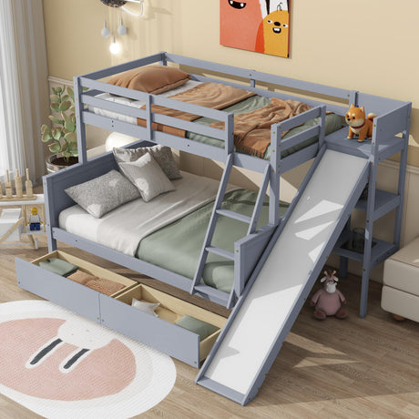 Bellemave Bunk beds Twin Over Full Size Slide and Stair, bunk Bed with Storage, Twin Over Full bunk beds for Kids, Floor bunk Bed, Low bunk Bed for Kids，Grey Bellemave